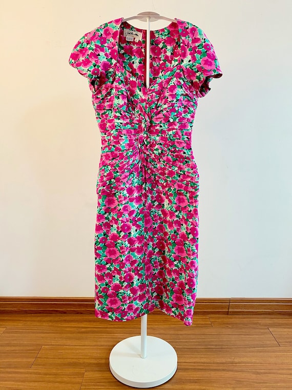 Vintage Floral Silk Midi Dress with Sweetheart Ne… - image 1