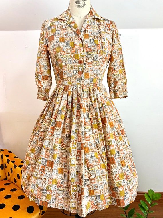 Vintage 50's Post Stamp Print Pleated A Line Dress - image 2