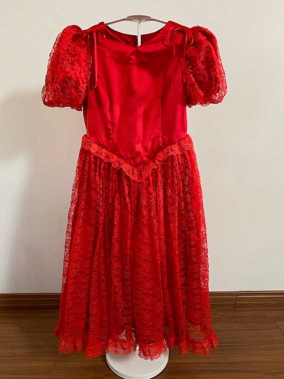 Gorgeous Vintage Handmade Red Satin & Lace Dress