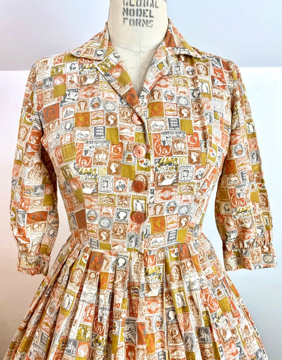 Vintage 50's Post Stamp Print Pleated A Line Dress - image 4