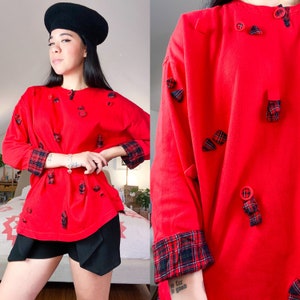 Comme des Garçons Inspired 90&#39;s Red Plaid Jersey Oversized Top