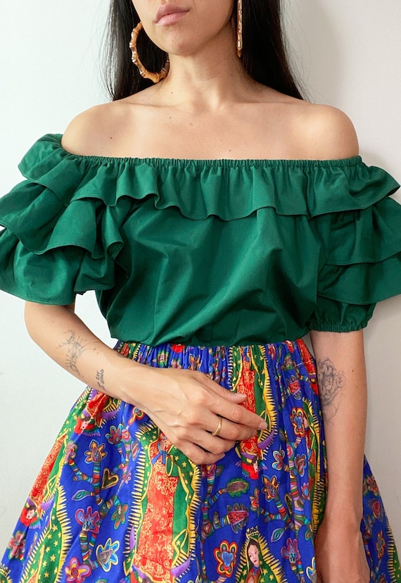 70's Forest Green Ruffle Layer Peasant Blouse Prai