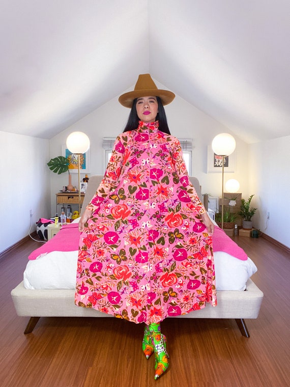 60's Pink Nylon Floral House Dress