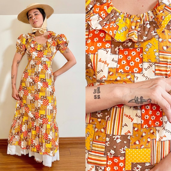 Patchwork Print Prairie Maxi Dress with Puff Sleev