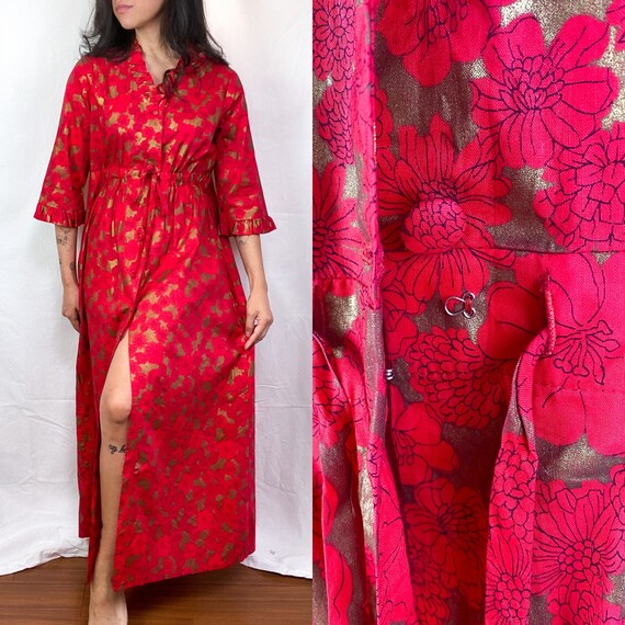 Mid Century Floral Red Gold Nightgown Dress Peigno
