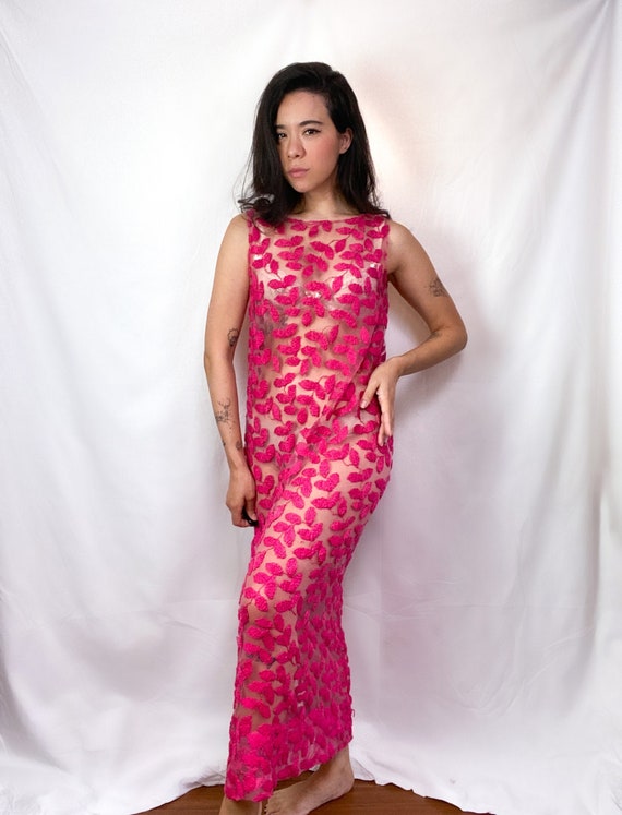 1960's Embroidered Fuchsia Gauze Slip Dress