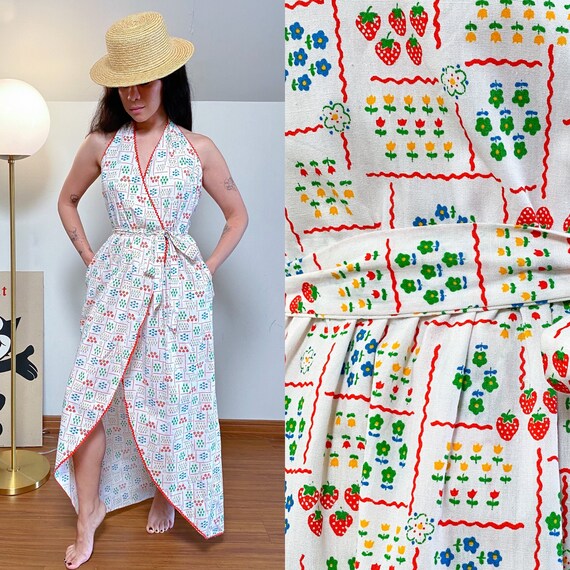 70's Novelty Strawberry Print Halter Picnic Wrap