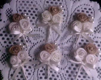 Boutonniere, Ivory, Gold, Satin Ribbon Roses