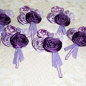 Boutonniere, Lilac, Amethyst,Fresco, Satin Ribbon Rose