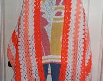 Shawl, Crochet, Orange, White, Wrap, Bedrunner, Gift For Her