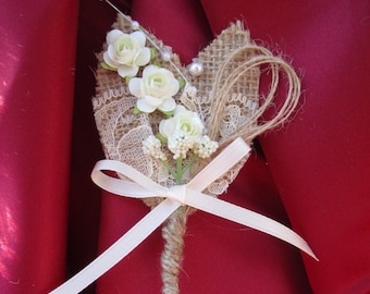 Rustic, Burlap Boutonniere, Ivory