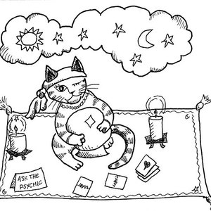 Fortune Teller Cat Black & White Art Print