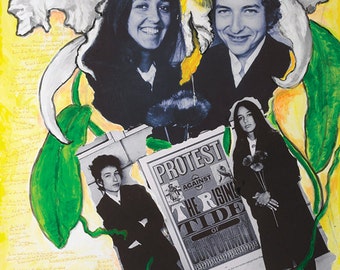 Bob Dylan & Joan Baez Mixed Media Kleiner Kunstdruck mit goldfarbenen Kanten