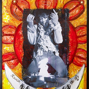 Jimi Hendrix Fire Mixed Media Small Art Print with Gold Deckled Edges