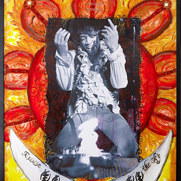 Jimi Hendrix Fire Mixed Media Small Art Print with Gold Deckled Edges