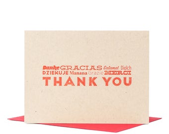 Thank You Letterpress International Greeting Card in Red Ink on Brown with a Red Envelope Printed on Antique Presses in Cleveland