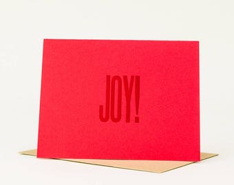 3-Pack Joy! Blank Holiday Card Letterpress Card Christmas Card Printed in Red on Red Paper with Kraft Brown Envelope Wood Type Typographic