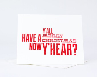 10-Pack Merry Christmas Y'all Letterpress Christmas Card Holiday Card Printed on White or Kraft Card Stock with Envelopes in White, or Kraft