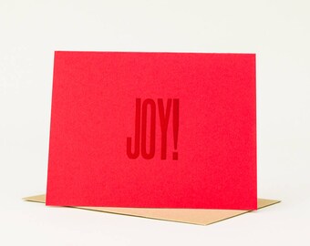 10-Pack Joy! Blank Holiday Card Letterpress Card Christmas Card Printed in Red on Red Paper with Kraft Brown Envelope Typographic