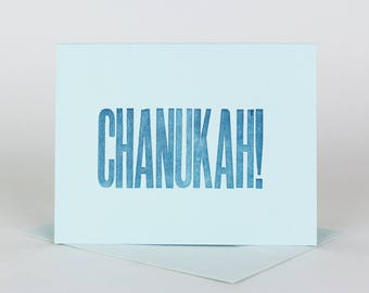 Chanukah! Blank Holiday Card Letterpress Card Printed in Blue Ink on Blue Paper with Light Blue Envelope Printed with Wood Type Typographic