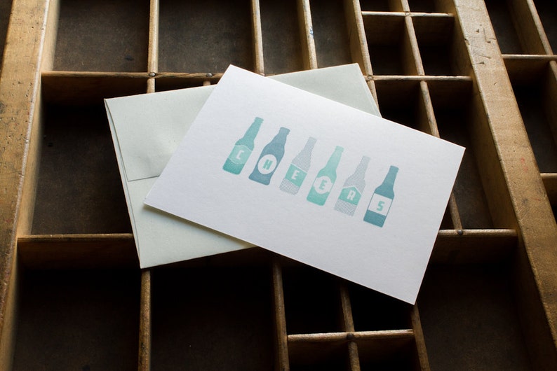 10-Pack Cheers Greeting Cards Letterpress Printed Bottles Image in Mint and Blue on White Paper with a Blue Envelope Printed in Cleveland image 1