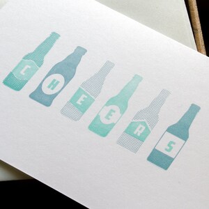 10-Pack Cheers Greeting Cards Letterpress Printed Bottles Image in Mint and Blue on White Paper with a Blue Envelope Printed in Cleveland image 2