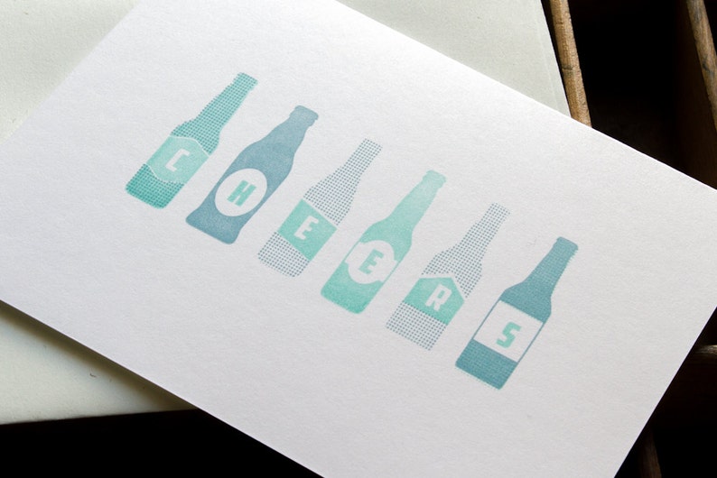 10-Pack Cheers Greeting Cards Letterpress Printed Bottles Image in Mint and Blue on White Paper with a Blue Envelope Printed in Cleveland image 2