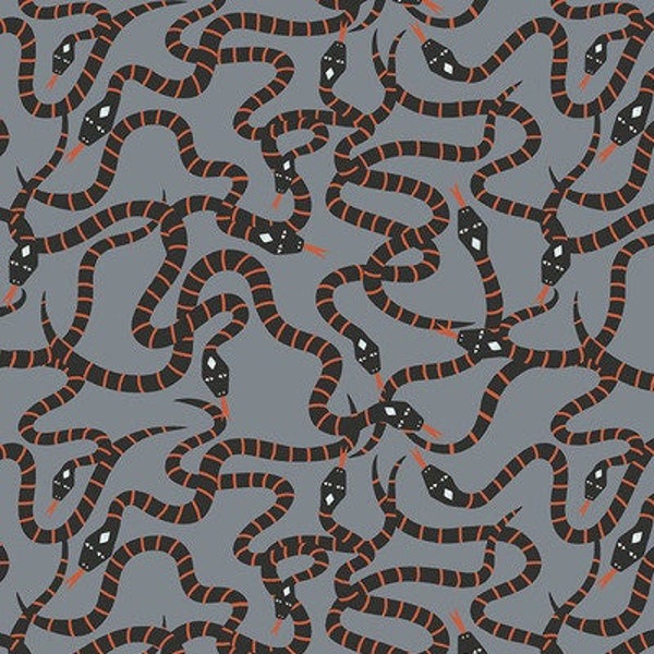 Slithering Snakes - Spellbound - Halloween - Maude Asbury By Free Spirit Fabrics - Black and Orange Snakes Fabric