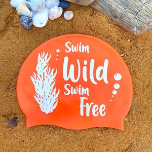 Swim Wild Swim Free - Swimming Hat in Bright Orange - Be Seen With A Bright Swimming Cap Whilst Wild Swimming & Open Water Swimming