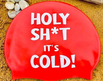 Holy Sh*t It&#39;s Cold - Swimming Hat Bright Red, Be Seen Whilst Wild Swimming & Open Water Swimming