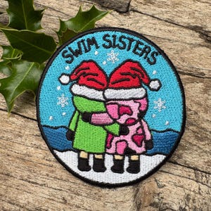 Christmas Swim Sisters Iron/Sew On Embroidered Patch - Wild Swimming, Cold Water Swimmer Gift, Patch Collector Christmas Gift