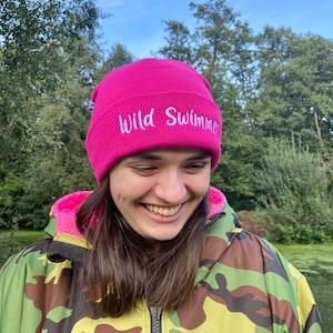 Wild Swimmer - Hot Pink Beanie Hat Perfect Wild Swimming Gift or Open Water Swimming Accessory