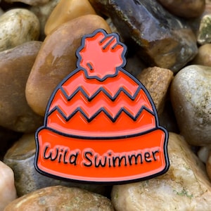 Bobble Hat Shaped Enamel Badge &#39;Wild Swimmer&quot; - Wild Swimming, Cold Water Swimmer Gift