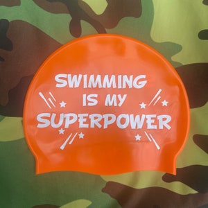 Swimming Is My Superpower - Swimming Hat Bright Pink or Orange - Be Seen Whilst Wild Swimming & Open Water Swimming