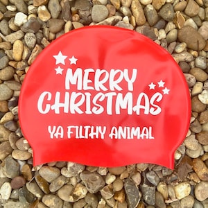 Merry Christmas Ya Filthy Animal - Swimming Hat Bright Red, Be Seen Whilst Wild Swimming & Open Water Swimming