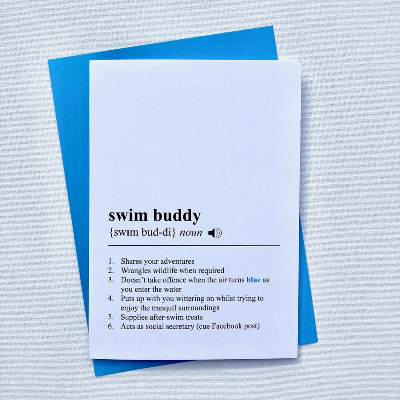 Swim Buddy Card Amusing Dictionary Definition Greetings Etsy