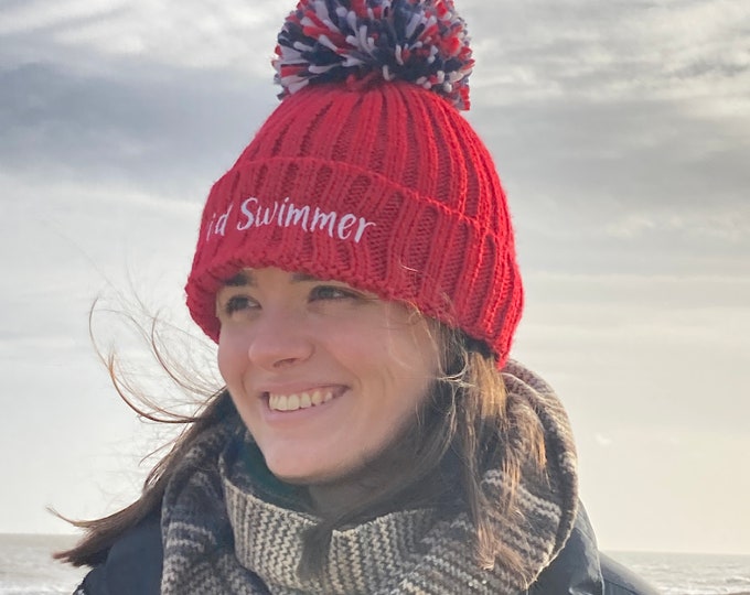 Wild Swimmer -  Luxury Fleece Lined Extra Warm Big Pom Pom Bobble Hat Perfect Wild Swimming Gift or Open Water Swimming Accessory