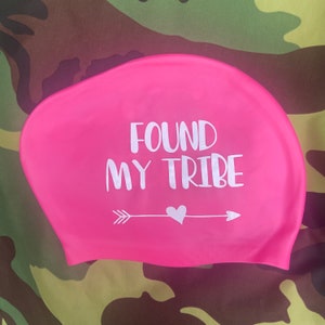 Long Hair Swimming Hat / Swim Cap - 'Found My Tribe' - Bright Pink.  Open Water Swimming / Wild Swimming / Cold Water Swimming