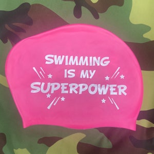 Long Hair Swimming Hat / Swim Cap - Swimming Is My Superpower - Bright Pink.  Open Water Swimming / Wild Swimming / Cold Water Swimming
