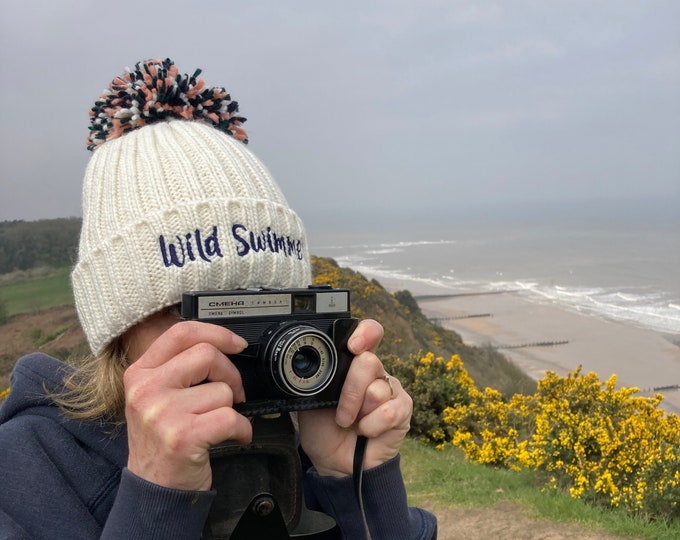 Wild Swimmer - Luxury Fleece Lined Extra Warm Big Pom Pom Bobble Hat Perfect Wild Swimming Gift or Open Water Swimming Accessory