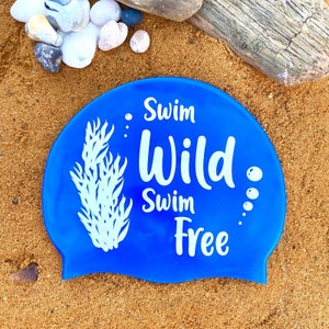 Swim Wild Swim Free - Swimming Hat In Bight Blue - Be Seen Whilst Wild Swimming & Open Water Swimming