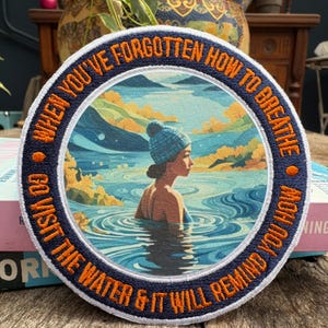 Breathe - Large Iron/Sew On Embroidered & Printed Patch - Wild Swimming, Cold Water Swimmer, Outdoor Swimmer, Swim Sister, Swim Buddy Gift