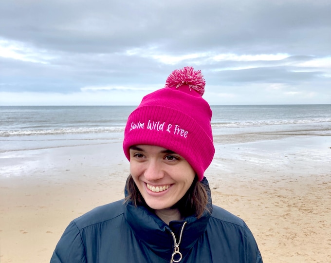 Swim Wild & Free - Bright Pink Embroidered Bobble Hat Perfect Wild Swimming Gift or Open Water, Outdoor Swimming Accessory