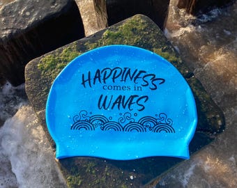 Bright Blue Silicone Swimming Cap: 'Happiness Comes In Waves' - Outdoor Swimmer, Cold Water Swimmer, Swim Buddy Gift
