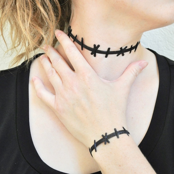 Stitched Neck Choker Necklace, Stitched Wrist Bracelet, Stretch Armband Flexible 3D Print Halloween Jewelry