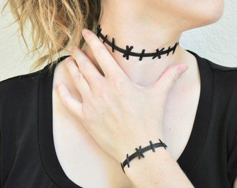 Stitched Neck Choker Necklace Stitched Wrist Bracelet - Etsy Stitched Neck Choker Necklace Stitched Wrist Bracelet - Etsy