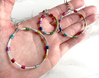 Rough Wire Wrap Rainbow Patch Circle Earrings in 3 Sizes