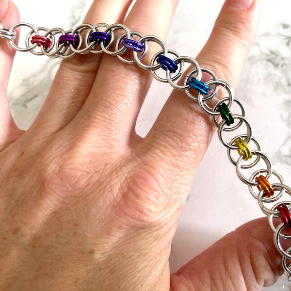 Rainbow Chainmaille Bracelet with Helm Weave and Silver and Rainbow Jump Rings