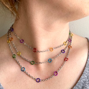 Rainbow Long Single Strand Necklace: Stainless Steel Chain, Colorful Jewelry