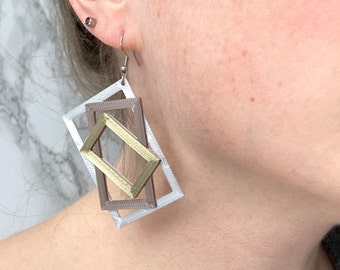 3D Print Stacked Shapes Rectangle Modern Earrings in Silky Silver, Silky Dark Rose Gold, and Antique Gold